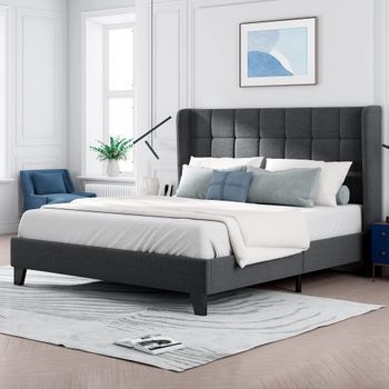 Cama De Adulto Tapizada Con Cabecero - 140 X 200 Cm - Tela De Lino - Gris
