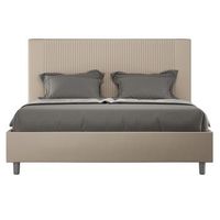 cama moderna con cabecero de rayas verticales acolchado en simil piel bazen-color ribete verde crudo-ropa de cama 140x200 cm