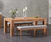 madrid 200cm solid oak dining table with camille grey fabric benches
