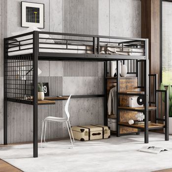Cama Alta De Metal De 90 X 200 Cm Con Escritorio Esquinero Y Armario Abierto - Hierro + Aglomerado - Negro + Natural (sin Colchón)