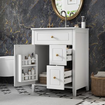 Mueble De Baño Con Lavabo Cerámico, 61 Cm, Blanco Brillo Y Tiradores Dorados