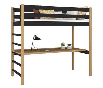 Cama alta de madera con escritorio n01 negro / roble