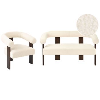 Conjunto De Sala De Estar Retro Sofá 2 Plazas Sillón Tapizado De Bouclé Patas De Madera Blanco Crema Y Marrón Oscuro Ilbro
