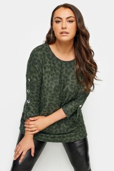 Yours Top Suave Verde Leopardo Con Botones De Adorno, Mujer Curvy Y Tallas Grandes, Yours