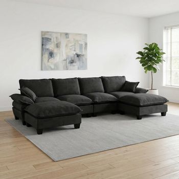 Sofá Modular En U De 6 Plazas - Mueble Para Salón - Chenilla - Negro (332x151x90cm)