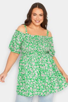 Yours Top Verde Floral Hombros Descubiertos, Mujer Curvy Y Tallas Grandes, Yours