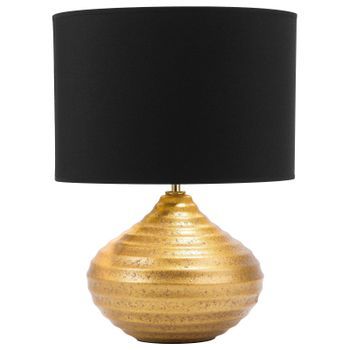 Lámpara De Mesa Cerámica Dorada 42 Cm Pantalla Poli Algodón Negro Base Acanalada Moderna Kuban