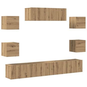 Mueble Para Tv De Pared Madera Contrachapada Artesanal 7 Uds | Mueble De Salón | Gabinete De Tv