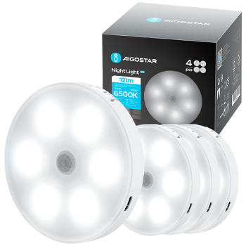 Aigostar 4 Piezas 6500K Luz Nocturna Magnética LED con Sensor de Movimiento, Luz Armario Adhesiva USB Recargable, 0.5W Luz Noche para Habitación, Pasillo, Cocina, Escaleras
