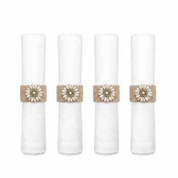 Anillos para servilletas beige con flores blancas - set de 4