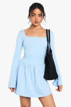 Vestido Mini Con Escote Cuadrado Y Mangas Abullonadas, Azul
