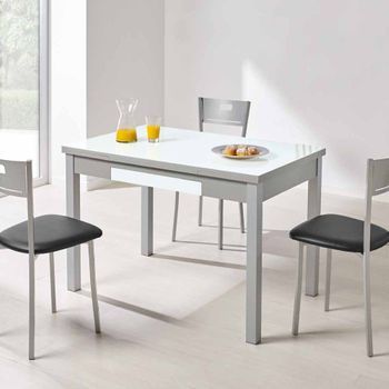 Mesa De Cocina Extensible Con Cajón Cristal Blanco Óptico, Patas Aluminio 90 - 140 Cm (ancho) X 77 Cm (alto) X 50 Cm (fondo)