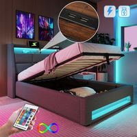 cama contenedor 90 x 200 cm con cabecero contenedor - toma usb y led - tela de lino - gris