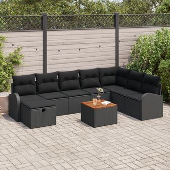 Conjunto De Sofá De Jardín De 9 Piezas Con Cojines Negro Poli Ratán V7300 Unico / Negro