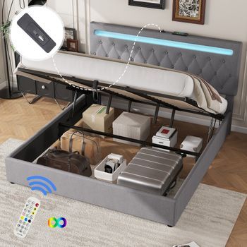 Cama Contenedor 180 X 200 Cm Con Cabecero - Toma Usb Y Led - Tela De Lino - Color Gris