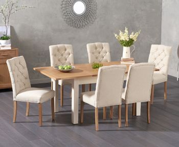 Somerset 130cm Oak and Cream Painted Extending Dining Table with Claudia Cream Fabric Chairs - Cream, 4 Chairs