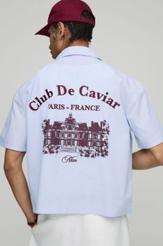 Camisa Oversize Recta Con Estampado Club De Caviar Y Rayas, Azul