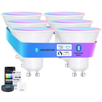 Aigostar 6.5W Bombilla Inteligente Bluetooth Mesh, Bombilla Inteligente GU10 Works with Alexa, Bombilla LED Inteligente 555LM RGB & 2700K-6500K, 6 Unidads（Con Bluetooth Control Remoto y Gateway).