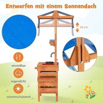 Cocina De Barro Para Niños Cocina Infantil De Madera Con Capota Para Sol Regulable En Altura 77 X 52 X 135 Cm