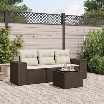 Set De Sofás De Jardín 4 Uds | Juego De Muebles De Jardín Y Cojines Ratán Sintético Marrón Cfw92488