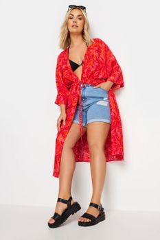 Limited Collection Kimono Rojo Y Rosa De Hojas, Mujer Curvy Y Tallas Grandes, Limited Collection