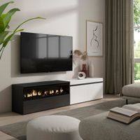 mueble tv efecto madera blanco y negro 200x35x45 chimenea efecto fuego