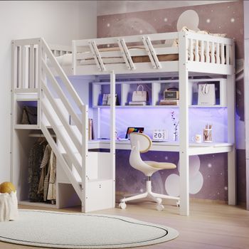 Cama Alta 90 X 200 Cm Con Escritorio Esquinero, 4 Compartimentos Y 1 Barra Para Colgar - Pino + Contrachapado + Mdf - Led Y Puertos Usb - Blanco