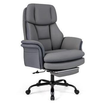 Costway Silla de Oficina Grande con Reposapiés Brazos Abatibles Respaldo Reclinable Bolsillo Lateral Regulable Capacidad 150 kg Cuero Antirrayas Gris