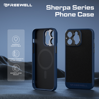 Funda para teléfono Freewell Sherpa con montura F, compatible con iPhone 14/15 Pro, que permite el uso de lentes y filtros magnéticos con montura F.