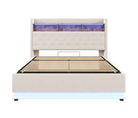 cama de lino con canape de 180x200 cm - con led y tomas usb - beige