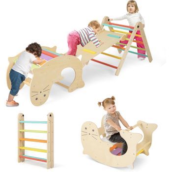 7 En 1 Triángulo De Escalada Montessori, Escalador De Madera Plegable Costway 80 X 60 X 12 Cm Colorido