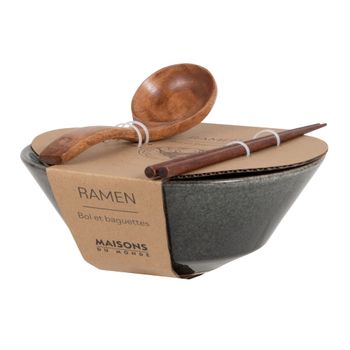 Bol de ramen de cerámica verde caqui con cuchara y palillo de madera de acacia