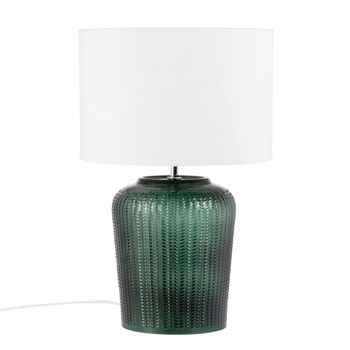 Lámpara de cristal tintado verde con motivos decorativos y pantalla blanca