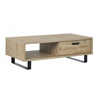 Mesa De Centro Robusta Colección Newton Color Roble Dorado. Patas De Metal Negro.