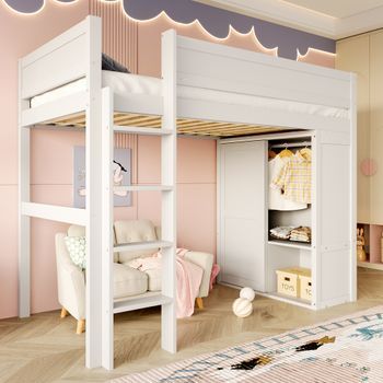 Cama Alta Infantil 90x200 Con Armario Y Espacio Abierto, Madera De Pino, Blanco