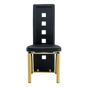 Set De 4 Sillas De Comedor Con Respaldo Perforado Transpirable, Sillas De Cuero Pu Negro Y Patas De Metal Dorado
