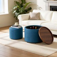set de 2 taburetes nido - mueble para salon - lino y madera - azul 58x58x38cm