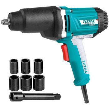 Total Tools - Llave De Impacto A Cable De 550 Nm | Pistola Neumática Eléctrica | Carcasa De Aluminio Con Protector De Goma | Incluye Un Adaptador Y 6 Llaves De Vaso