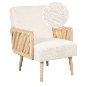 Sillón Tapizado En Tela Bouclé Diseño Retro Reposabrazos De Trenza Vienesa Para Sala De Estar Blanco Crema Hojby
