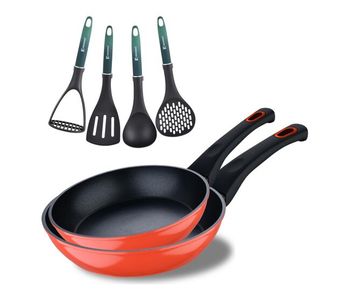 Juego de 2 sartenes ø20ø26cm classique en aluminio forjado antiadherentes + utensilios de cocina verdes bergner