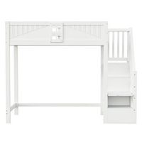 cama alta madera maciza 90 x 200 cm - puerta de seguridad con ventana escalera lateral con estantes intercambiable - blanco