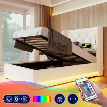 Cama Contenedor 90 X 200 Cm Con Cabecero - Tomas Usb Y Tipo C - Led - Cuero Pu - Blanco (sin Colchón)