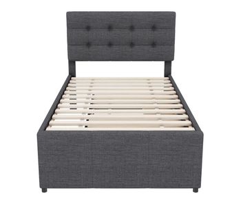 Cama tapizada 90x200cm con cama nido 90x190cm - en tejido de lino - con 3 cajones y somier - gris