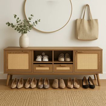 Zapatero de madera y caña Elegante estilo escandinavo