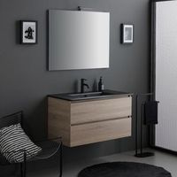 mueble de bano suspendido de 90cm roble con lavabo negro y espejo con aplique led  berlin