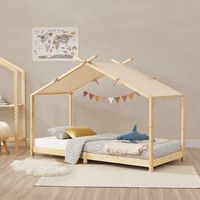 cama para ninos brome forma casita con techo pino 90 x 200 cm - natural y beige encasa