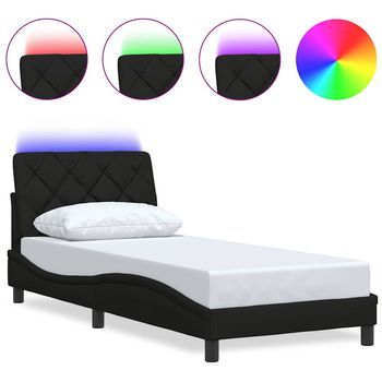 Cama Individual | Cama Para Adultos | Estructura Cama Con Led Sin Colchón Tela Negro 90x190 Cm