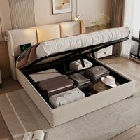 cama tapizada doble 140x200 con almacenamiento cajon luz lectura carga usb cabecero somier lino sin colchon