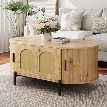 Mesa Baja Ovalada De Mdf Teñido Natural Con Puertas Correderas De Mimbre, Patas De Metal, Espacio De Almacenamiento, Estilo Madera