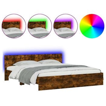 Estructura De Cama Cabecero Y Luces Led Roble Ahumado 200x200cm Vidaxl